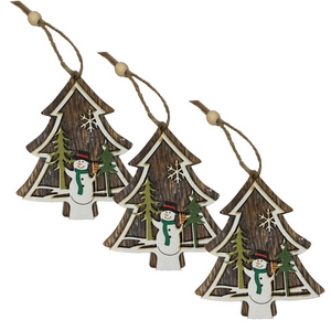 3 Christbaumschmuck Anhänger aus Holz Tannenbaum Schneemann